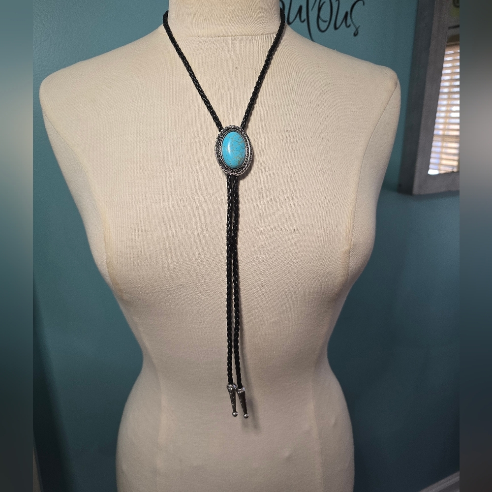 Source Unknown Black Bolo Tie with Turquoise Stone